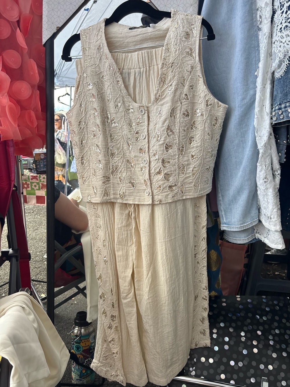 NWT Sleeveless Cream Embroidered Pantsuit: Vest & Palazzo Pant. Available S & M.